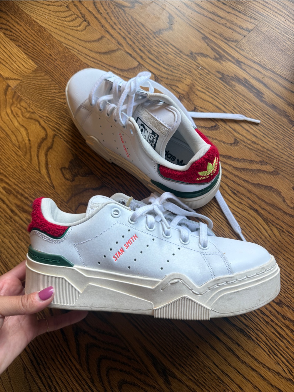 adidas Stan Smith White Sneakers with Red Heel and Green Trim